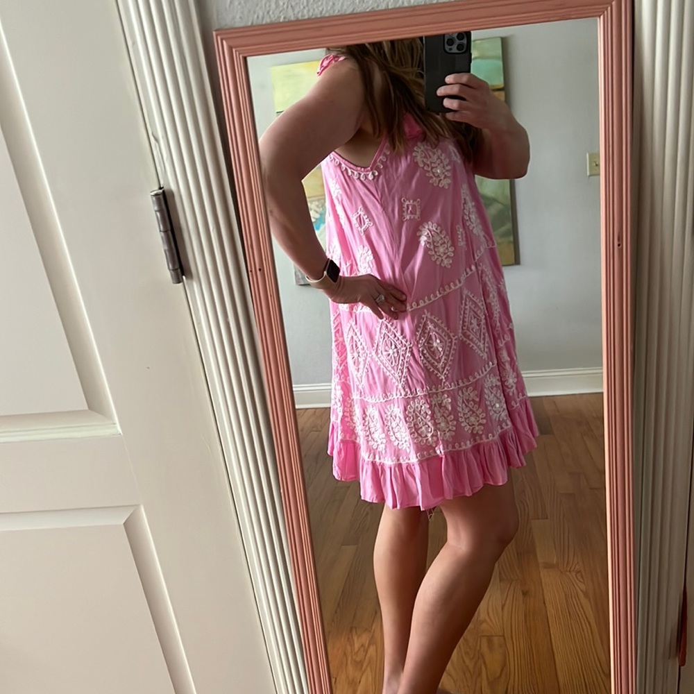 Pranella Dress Embroidered Pink Cover Up Greek Tasseled Size 2 / medium - Picture 5 of 17